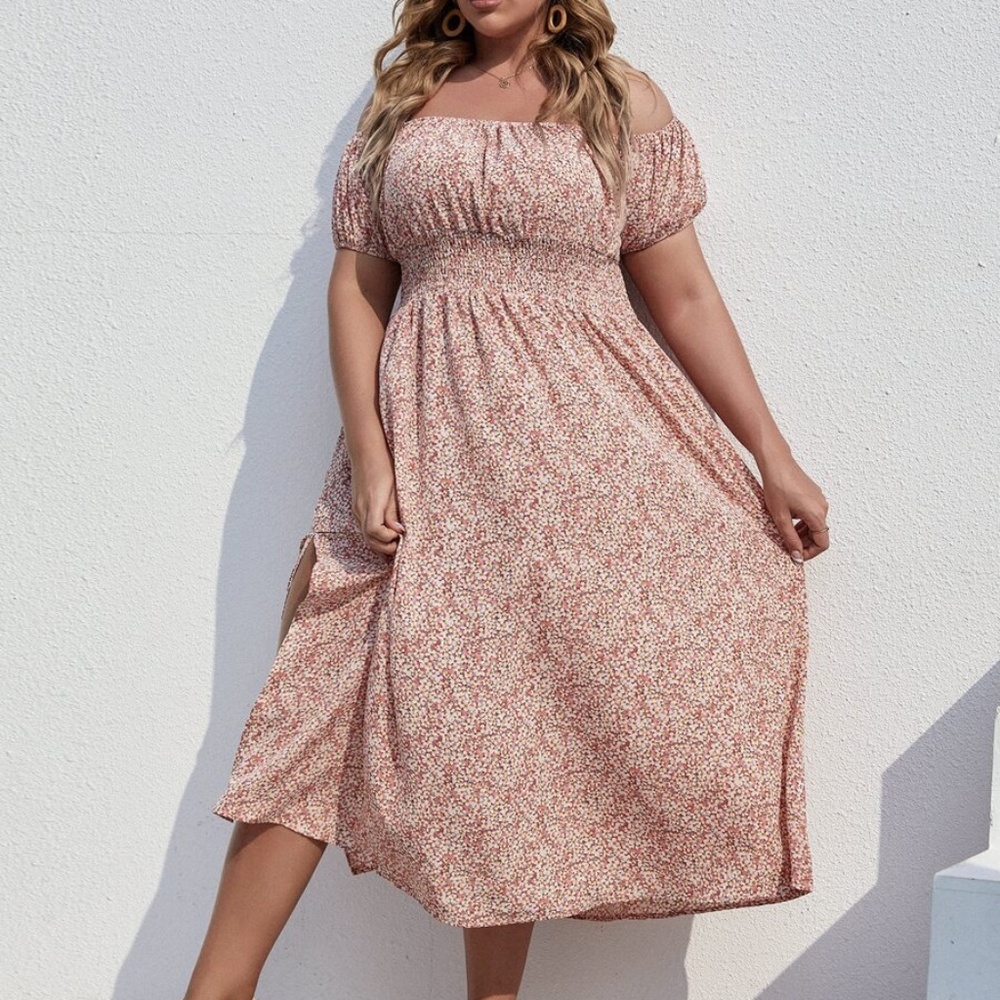 Boho Plus Floral Print Off Shoulder Slit Maxi Dress - Picture 4 of 5